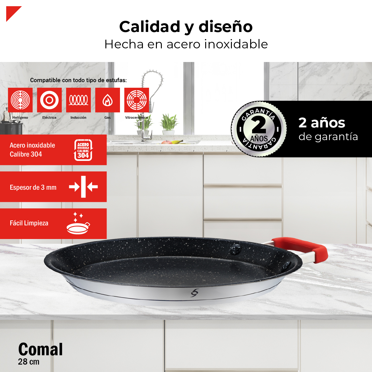 Foto 4 pulgar | Comal Bogner 28 cm de Acero Inoxidable Antiadherente Asa Silicón Bpp28