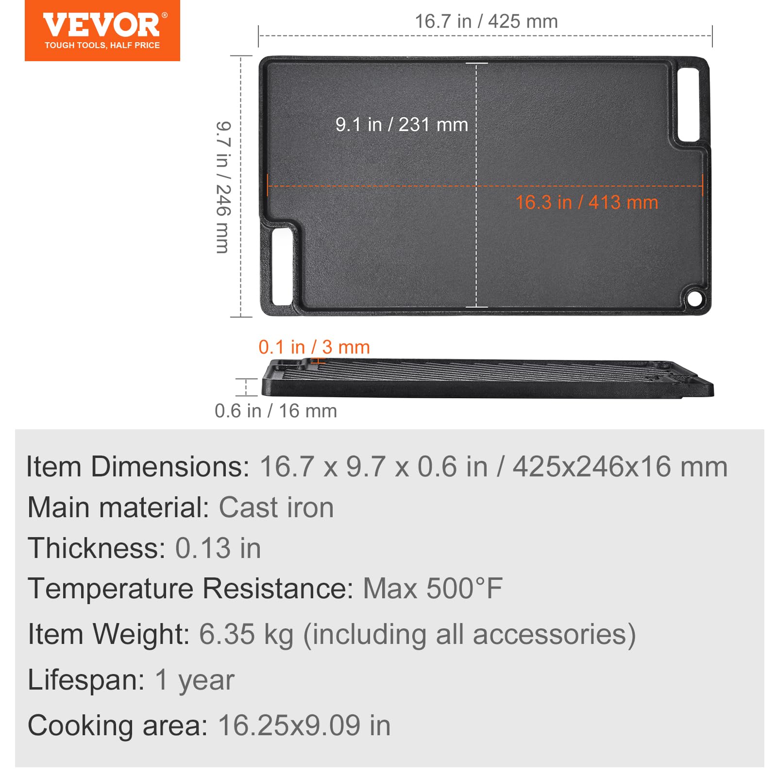 Foto 8 pulgar | Parrilla/Plancha Vevor Reversible 43 x 25 cm Hierro Fundido Precurado - Venta Internacional