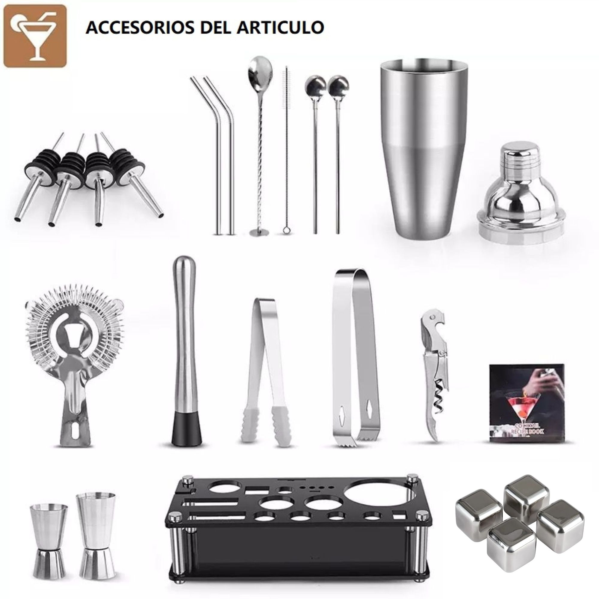 Foto 4 pulgar | Juego de Coctelería Ecomlab color Plata con Base de Acrílico 24 Piezas
