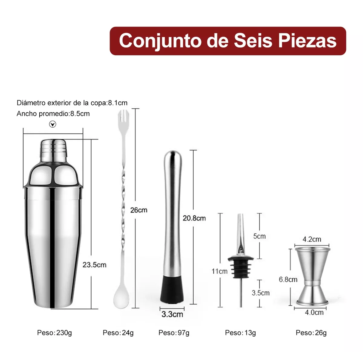 Foto 3 pulgar | Kit de Coctelería Bartender Eo Safe Imports ESI-10731 Plateado 6 Piezas