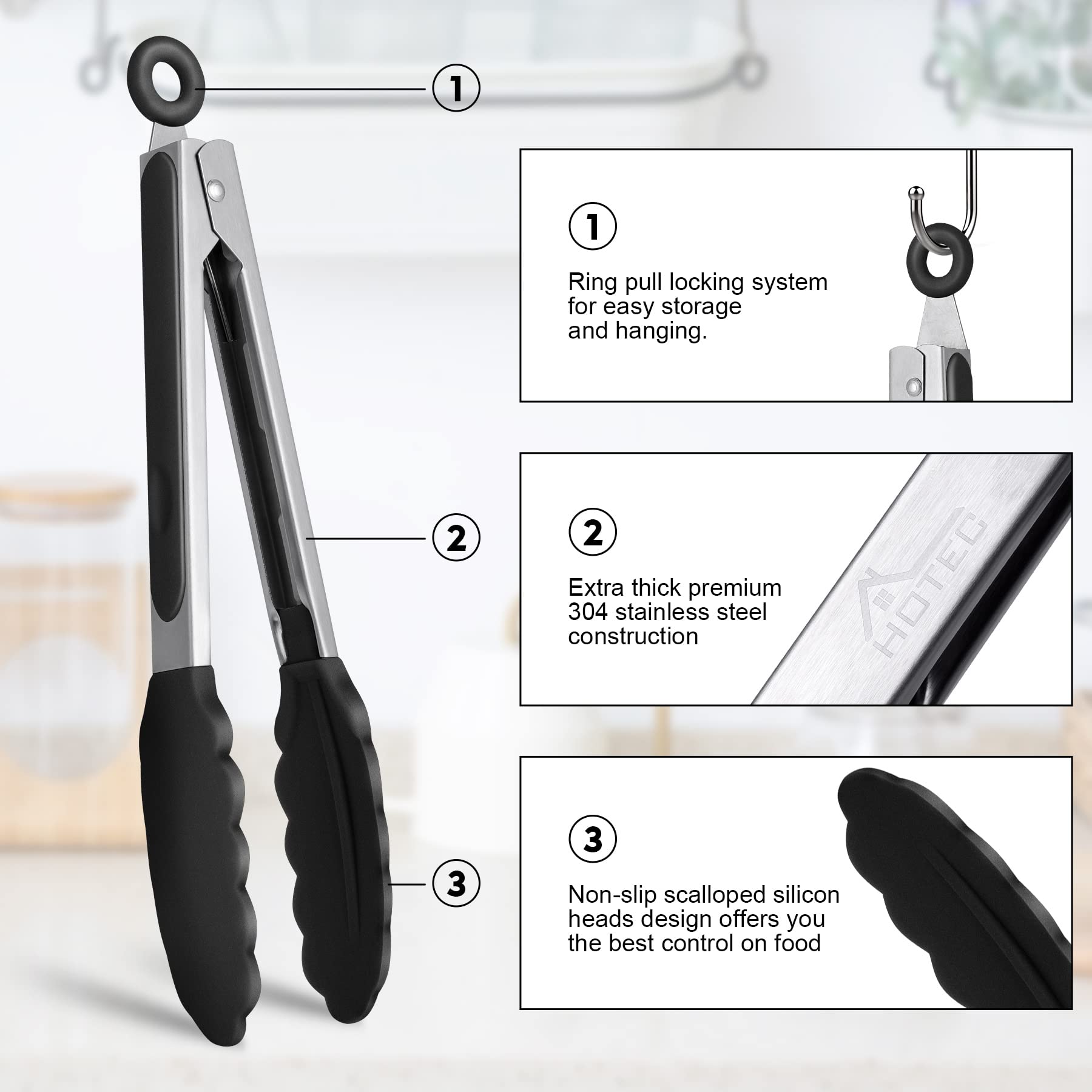 Foto 5 pulgar | Pinzas de Cocina Hotec Premium De Acero Inoxidable Con Puntas De Silicona - Venta Internacional