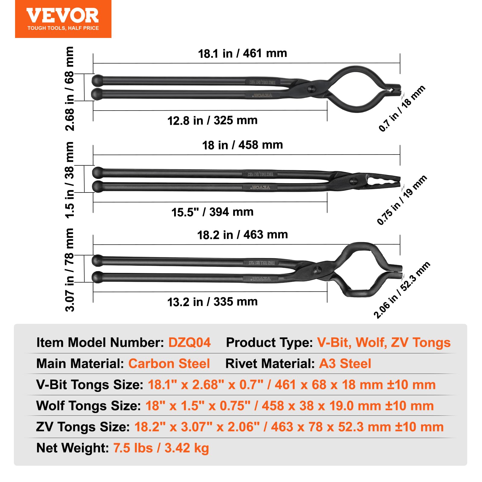 Foto 7 | Pinzas De Forja Blacksmith Vevor, 3 Unidades, 45 Cm, De Acero Al Carbono - Venta Internacional.