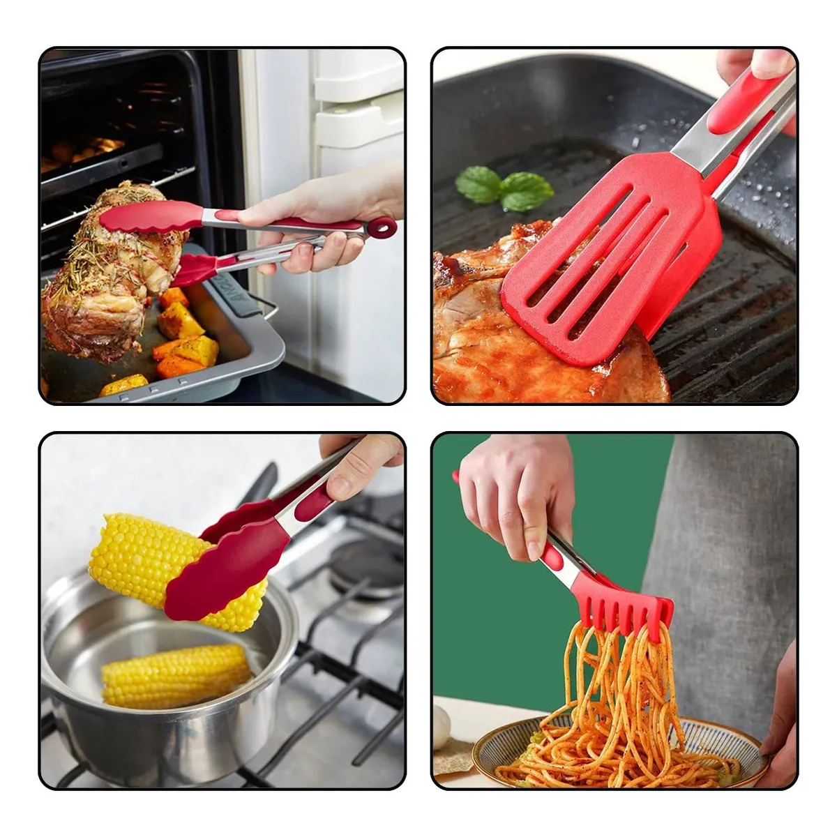 Foto 5 pulgar | Set De Pinzas De Cocina De Silicona De Acero Inoxidable Eo Safe Imports Esi-20708 Rojo