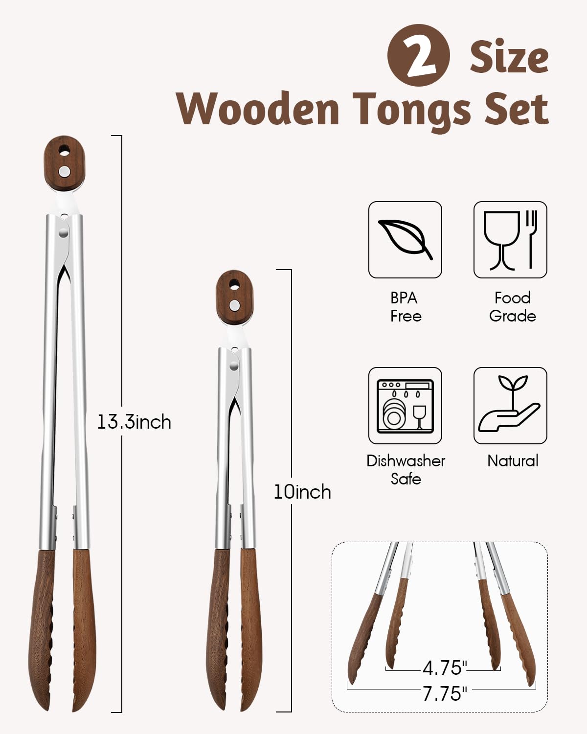 Foto 3 pulgar | Pinzas De Madera Bakpoco Para Cocinar Madera De Nogal De Acero Inoxidable - Venta Internacional.