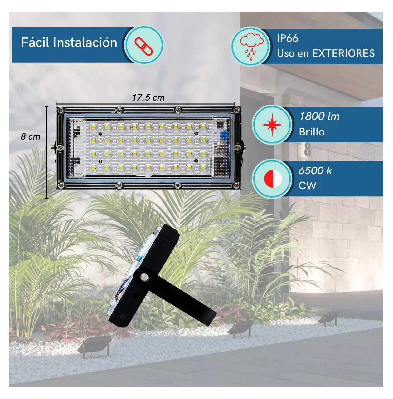 Foto 4 pulgar | Reflector Led 20w Luminario Exterior Carcasa Negro Luz Blanco Frío 5 Pzs