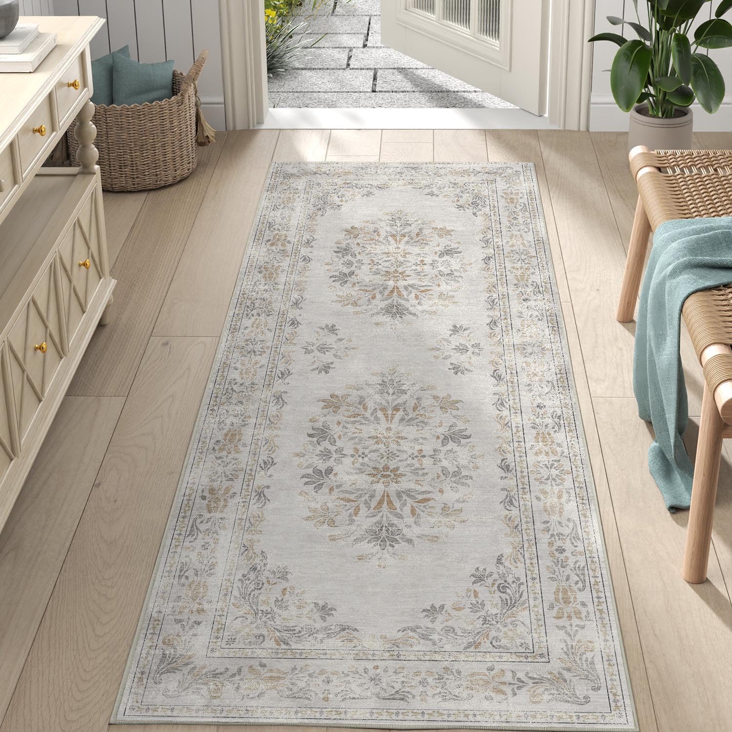 Foto 1 | Alfombra Runner Jinchan Vintage Con Estampado Floral, 60 X 210 Cm, Lavable, Color Gris Claro - Venta Internacional.