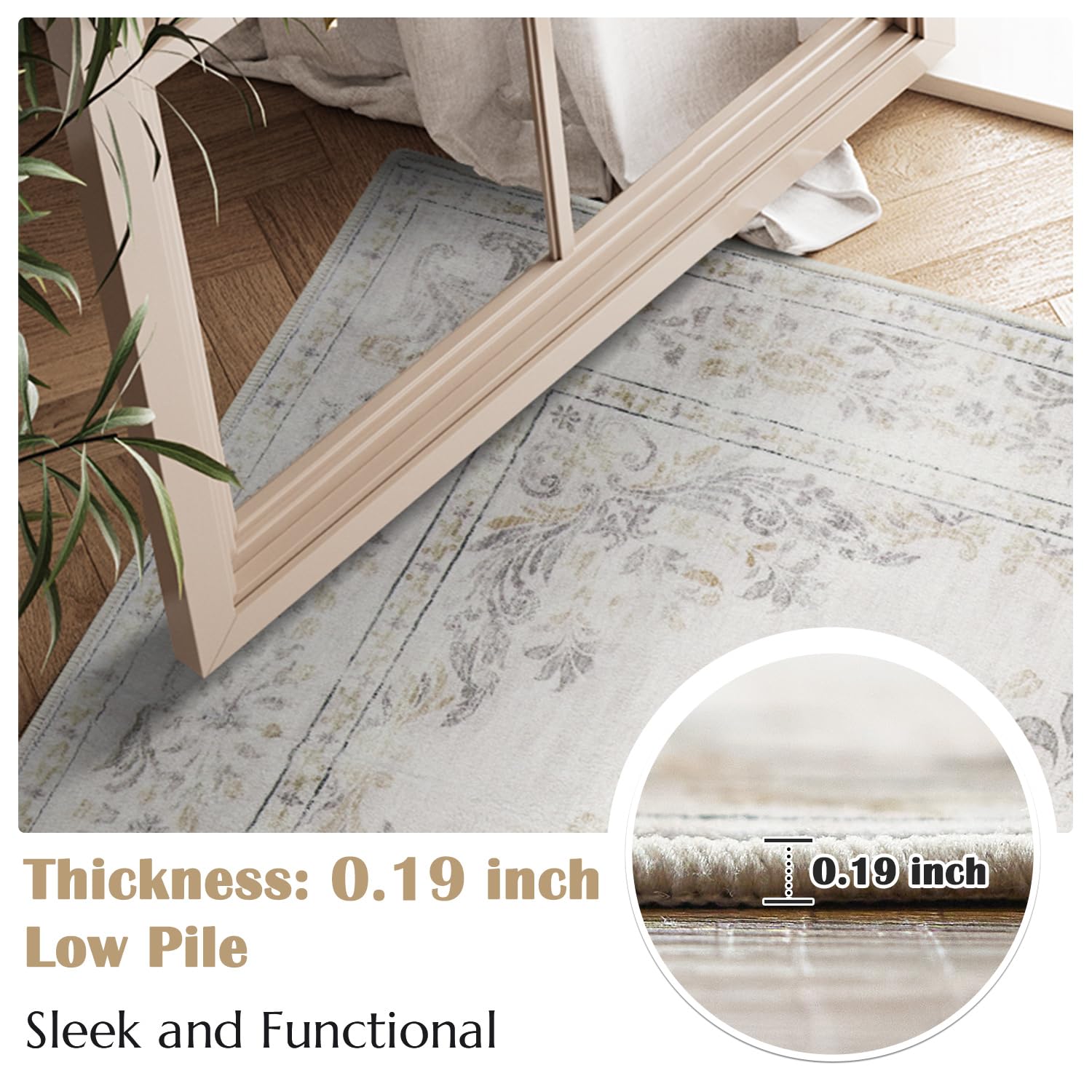 Foto 3 pulgar | Alfombra Runner Jinchan Vintage Con Estampado Floral, 60 X 210 Cm, Lavable, Color Gris Claro - Venta Internacional.