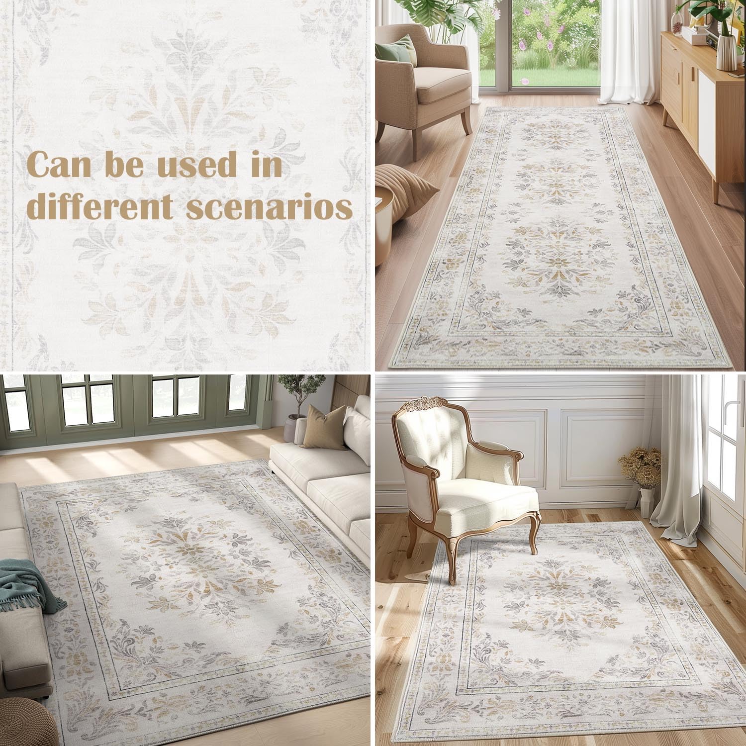 Foto 6 | Alfombra Runner Jinchan Vintage Con Estampado Floral, 60 X 210 Cm, Lavable, Color Gris Claro - Venta Internacional.