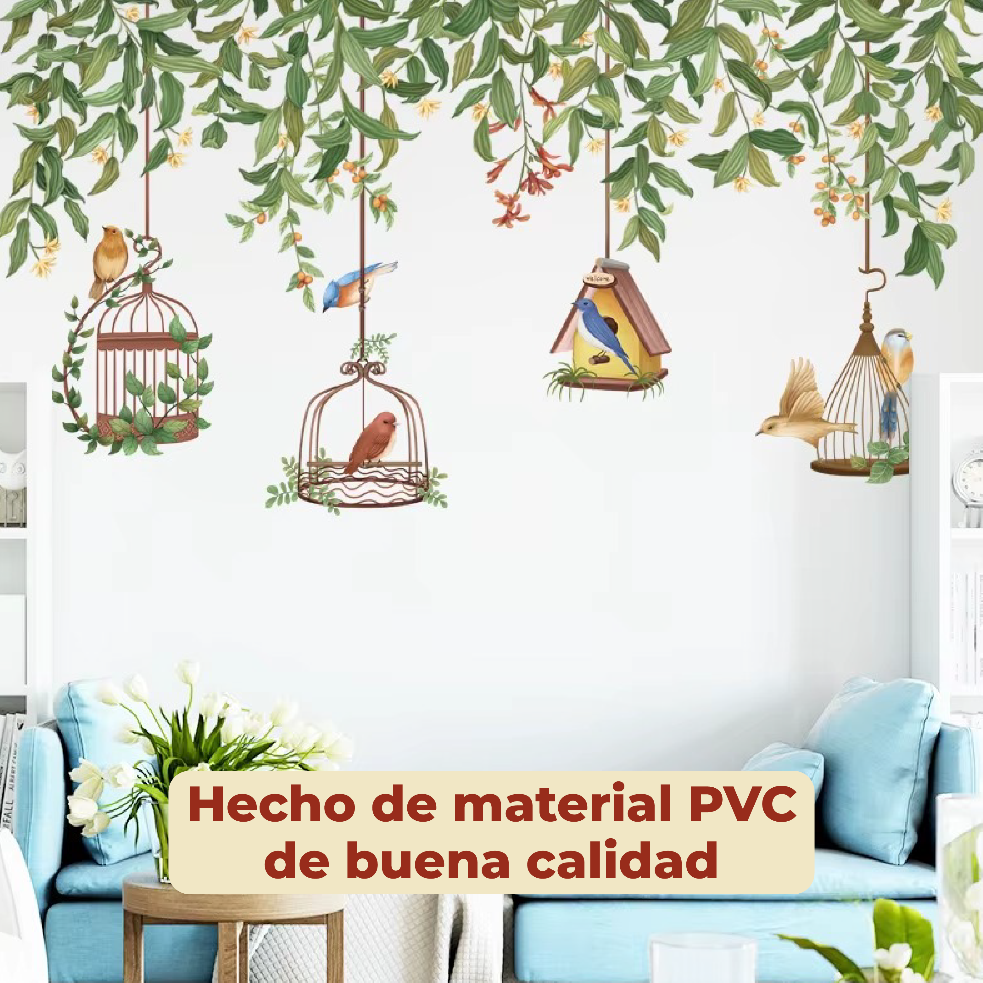 Foto 5 pulgar | Sticker Vinil Decorativo Para Pared Con Diseño De Plantas Con Jaula Y Pájaros