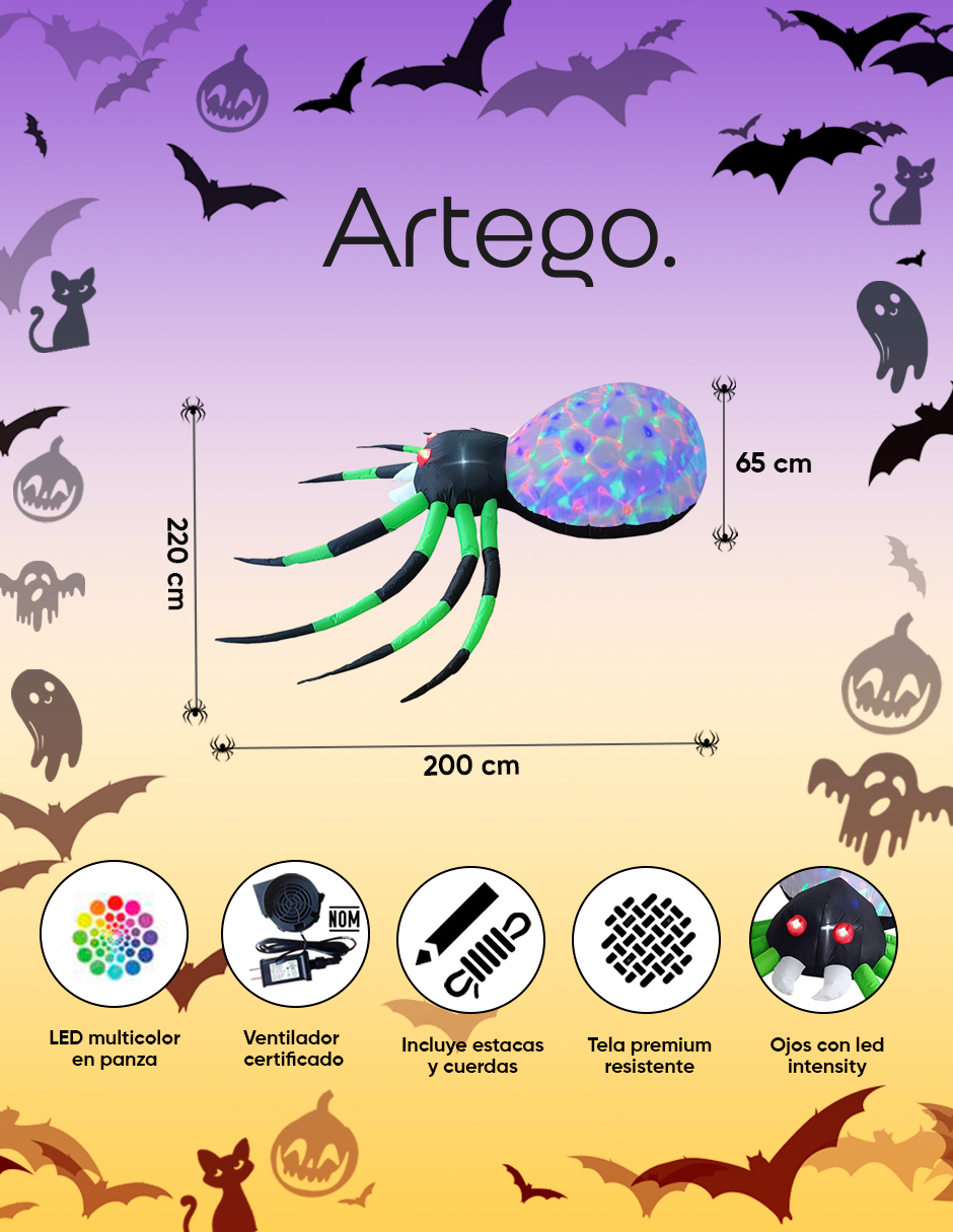 Foto 4 pulgar | Inflable Halloween Araña Spider Verde Ojos Led + Multiled