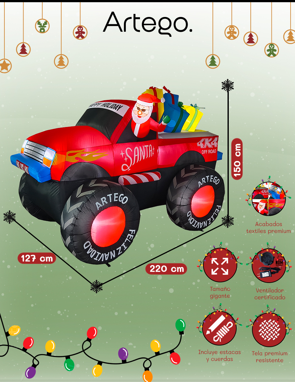 Foto 4 pulgar | Inflable de Navidad Artego Monster Truck Camioneta Pick Up de Santa 2.2 m