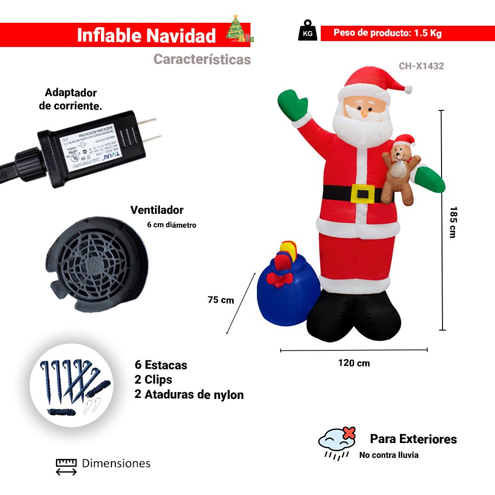 Foto 2 | Inflable Navideño Santa Claus con Oso de Peluche 1.80 mts
