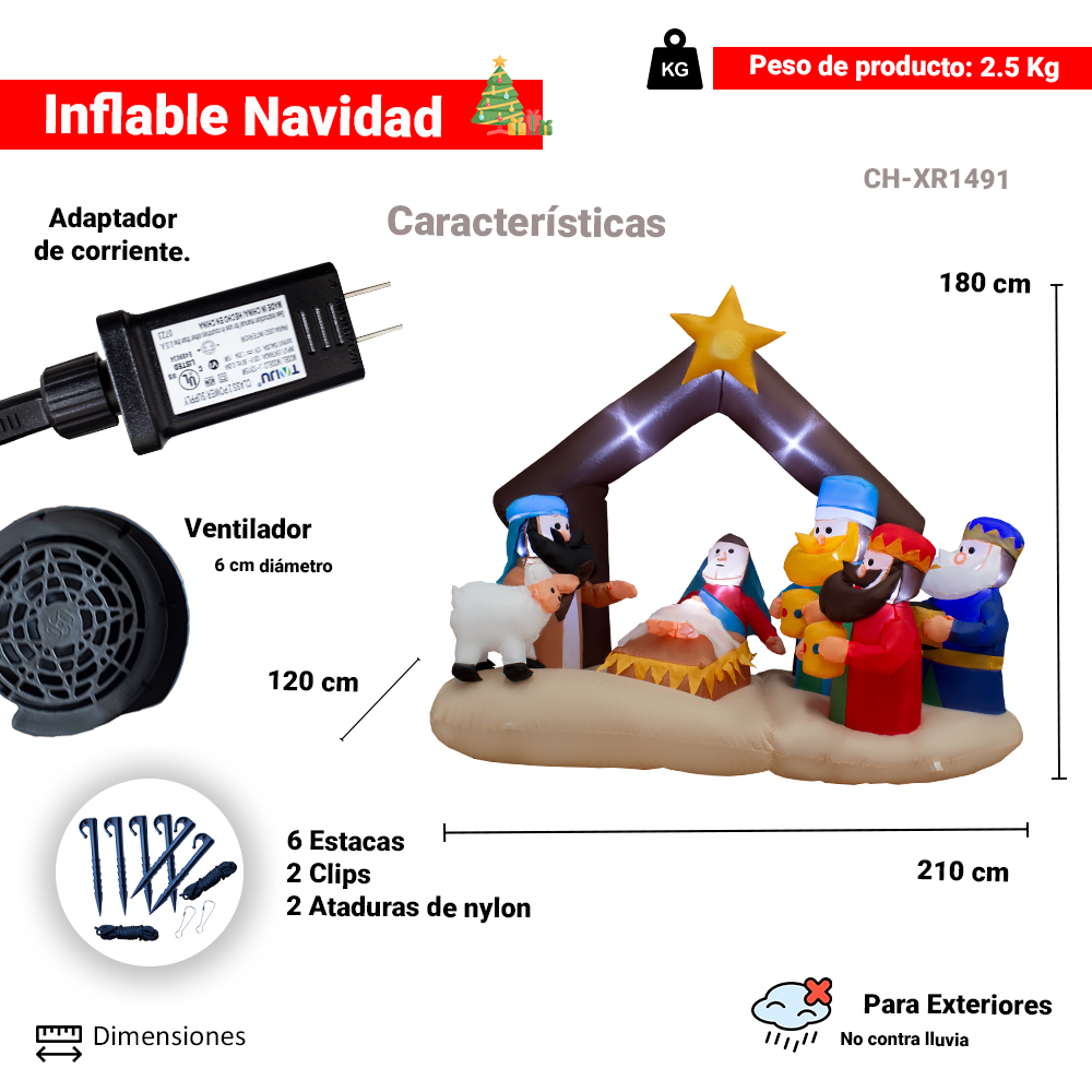 Foto 3 pulgar | Inflable Navideño con Luz Led Nacimiento de Jesús y Reyes Magos 2 mts