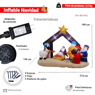 Foto 2 | Inflable Navideño con Luz Led Nacimiento de Jesús y Reyes Magos 2 mts