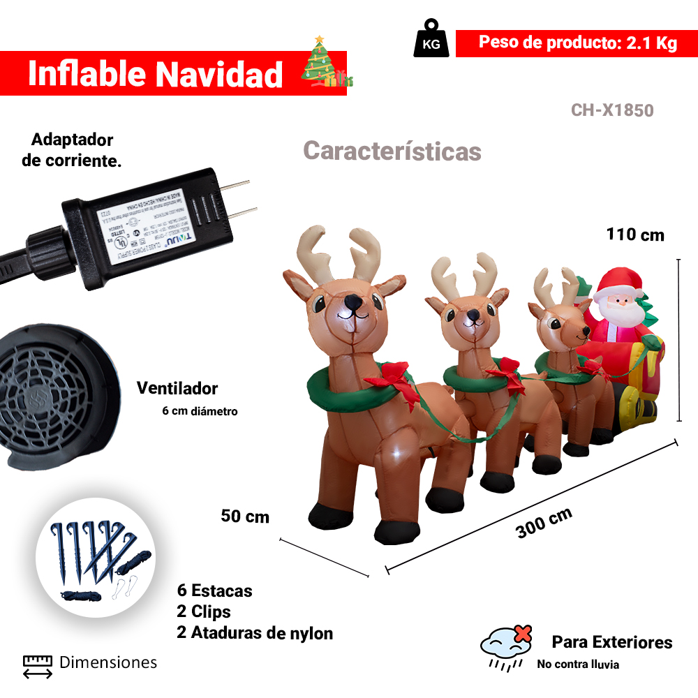 Foto 3 pulgar | Inflable Navideño con Luz Led Trineo de Santa Claus con 3 Renos 3 M