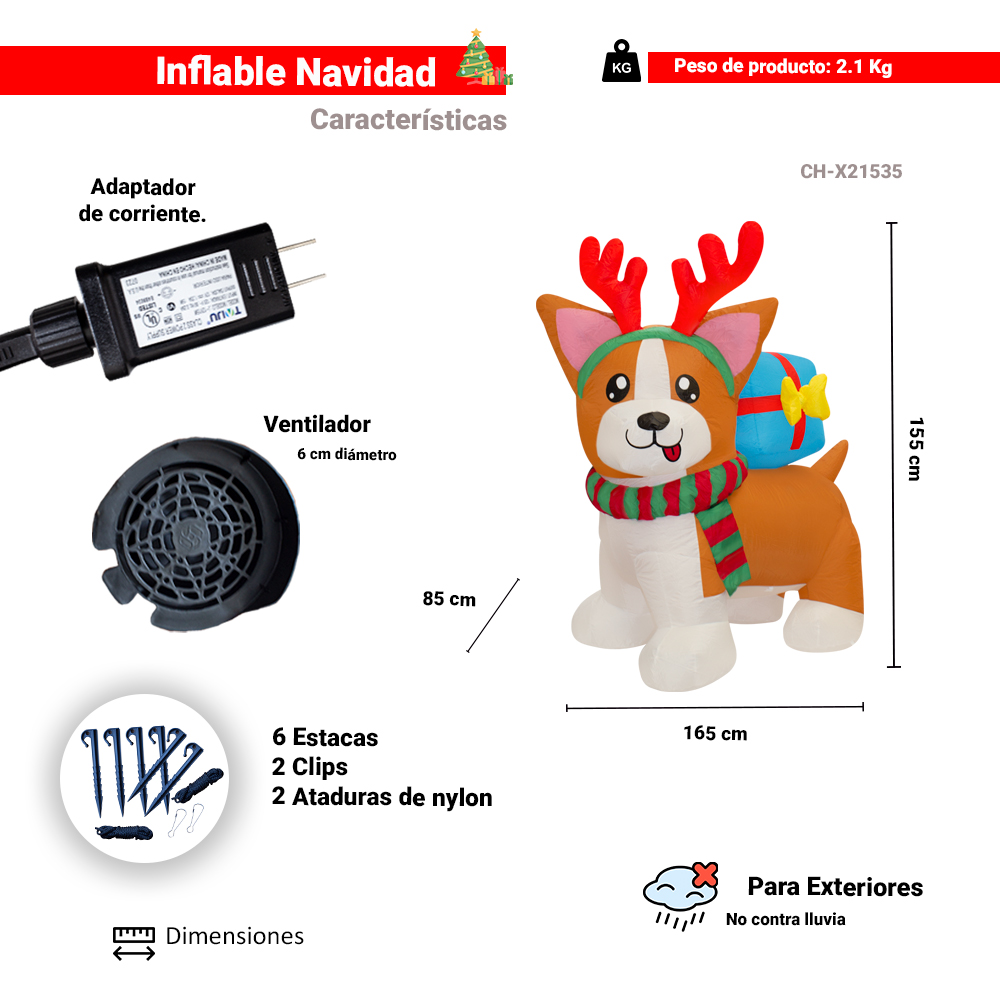 Foto 3 pulgar | Inflable Navideño con Luz Led Perrito con Bufanda y Cuernos 1.50 mts