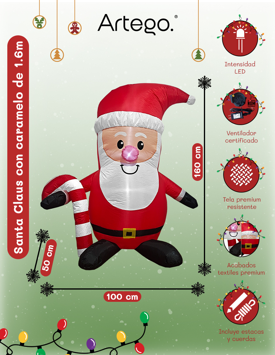 Foto 3 | Inflable De Navidad Para Exteriores Santa Claus Con Caramelo De 1.6m De Alto Con Luces Led Artego