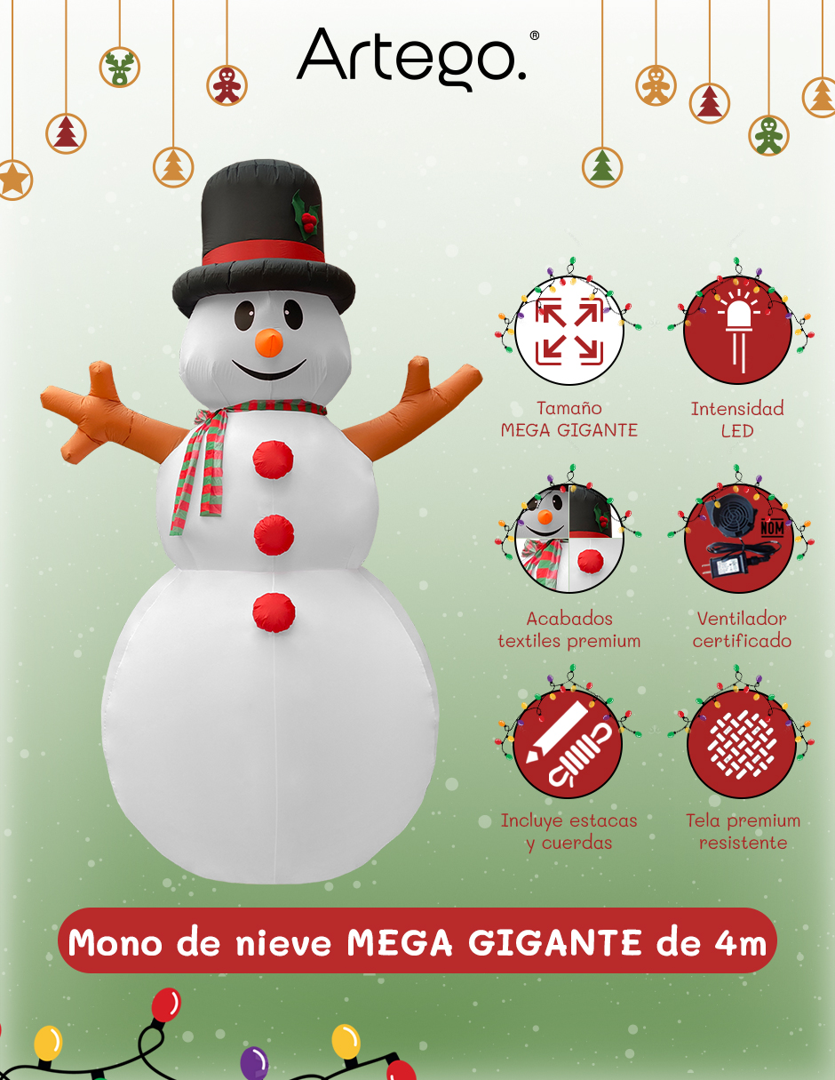 Foto 4 pulgar | Inflable De Navidad Mono De Nieve Snowman Mega Gigante 4m De Alto Con Luces Led Artego