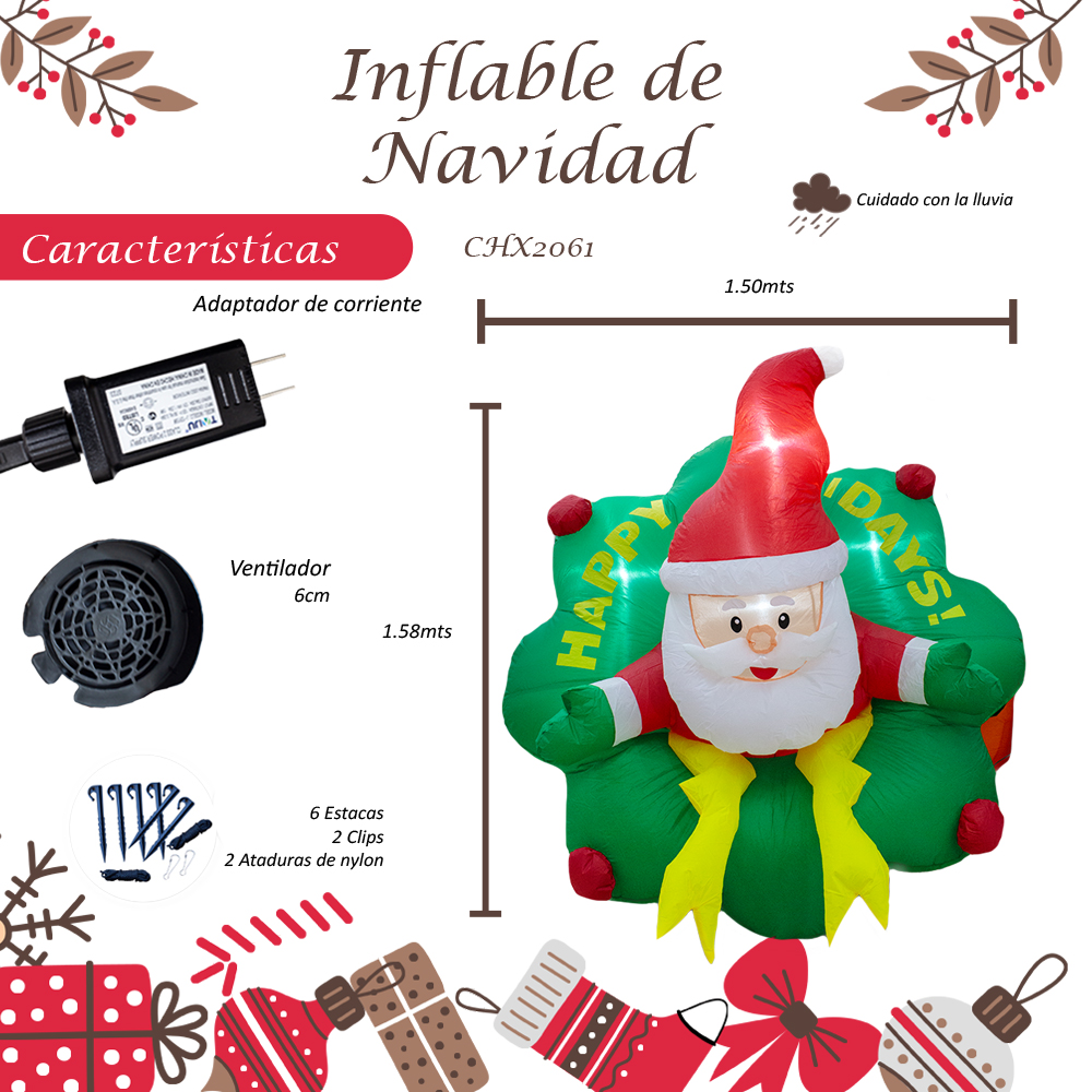 Foto 3 pulgar | Inflable Navideño Corona 3d Con Santa Claus Con Luz Led 1.50 Metros