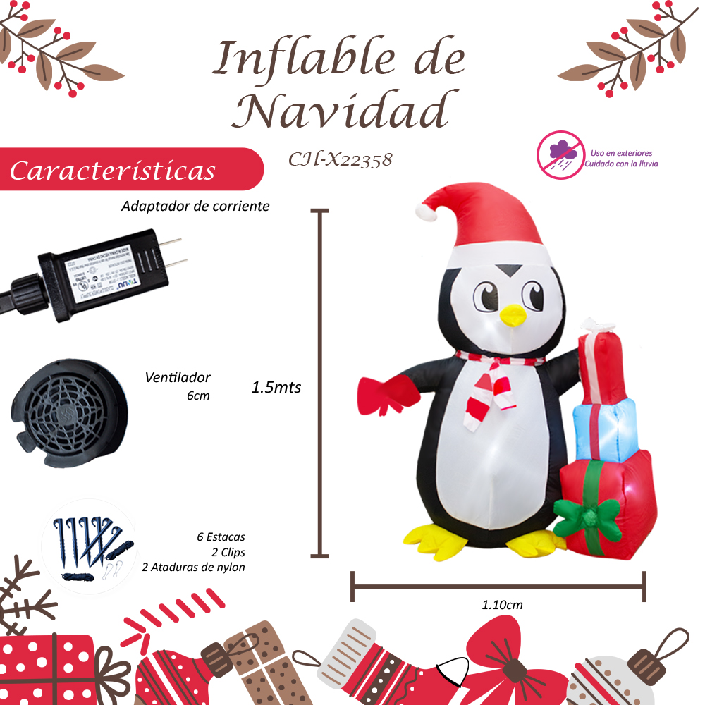 Foto 3 pulgar | Inflable Navideño De Pingüino Con Regalos Con Luz Led 1.50 Metros