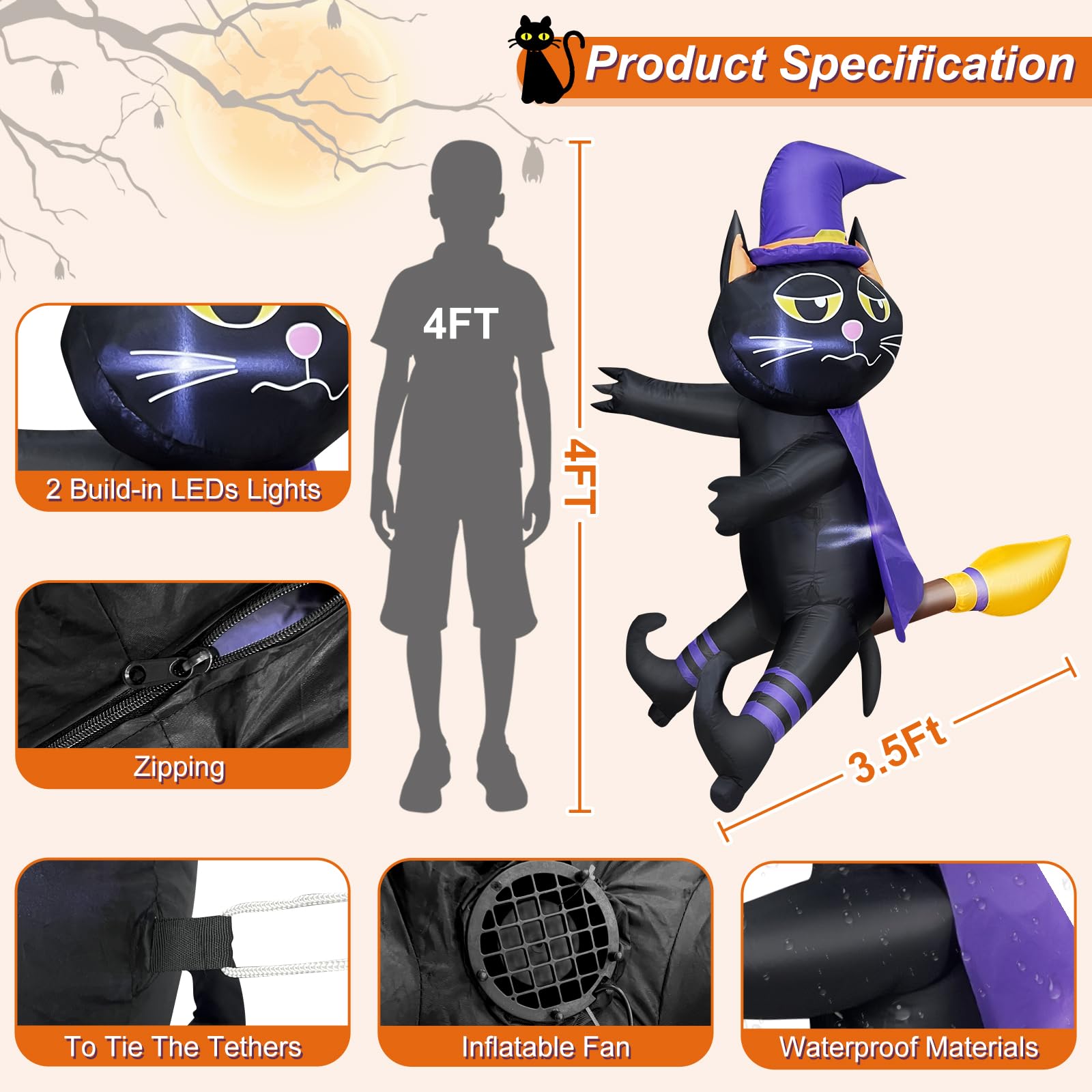 Foto 2 | Decoración Inflable De Halloween Turnmeon Con Forma De Gato Y Bruja Negra De 1,2 M De Altura - Venta Internacional.