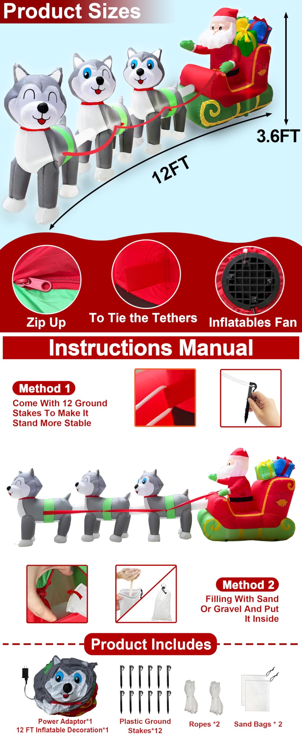 Foto 3 | Papá Noel Inflable De Navidad Turnmeon En Trineo De 3,6 M Con  - Venta Internacional.