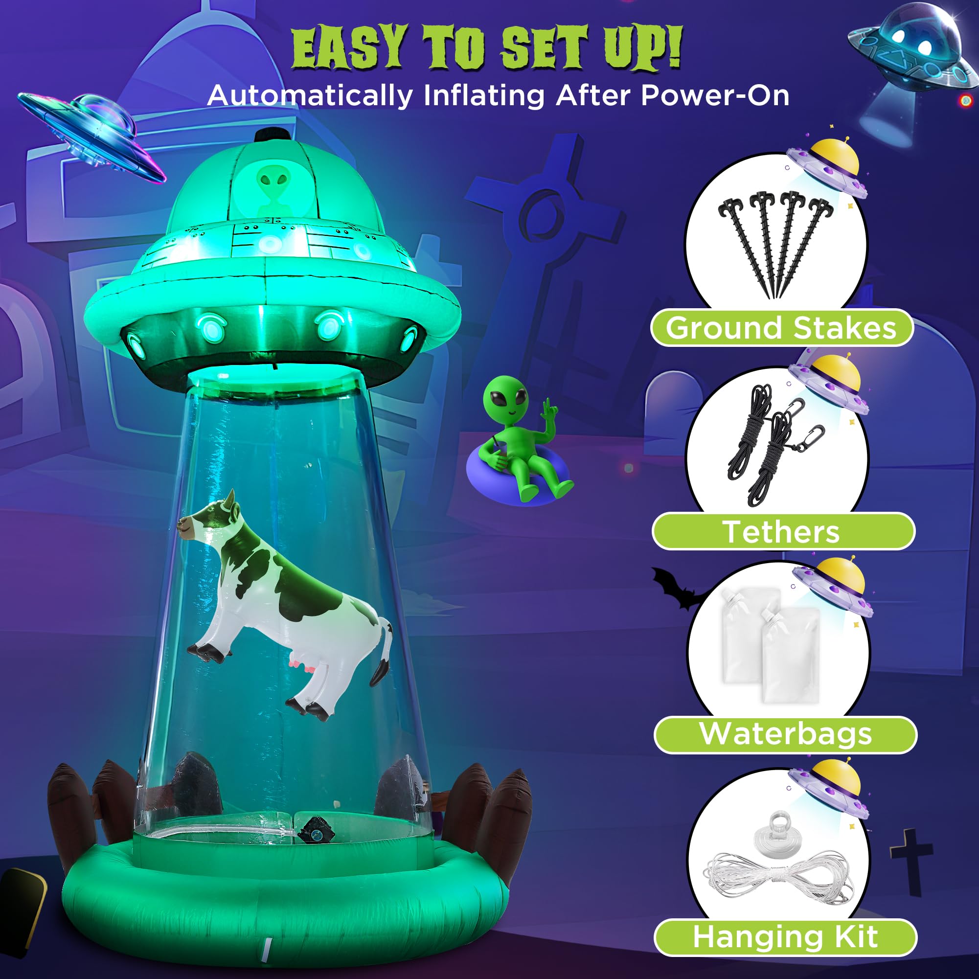 Foto 8 pulgar | Decoración Inflable De Halloween Zpisf Ufo De 3 M Con Secuestro De Vaca - Venta Internacional.