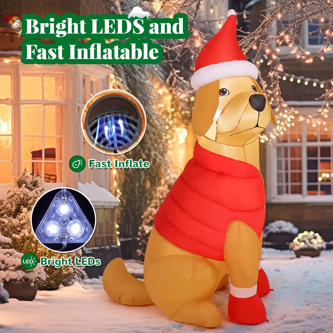 Foto 3 | Perro Inflable Navideño Goosh Con Gorro Navideño De 1,7 M Con Led - Venta Internacional.