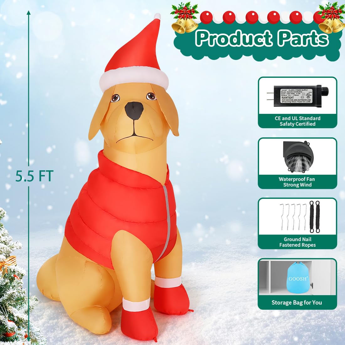 Foto 6 | Perro Inflable Navideño Goosh Con Gorro Navideño De 1,7 M Con Led - Venta Internacional.