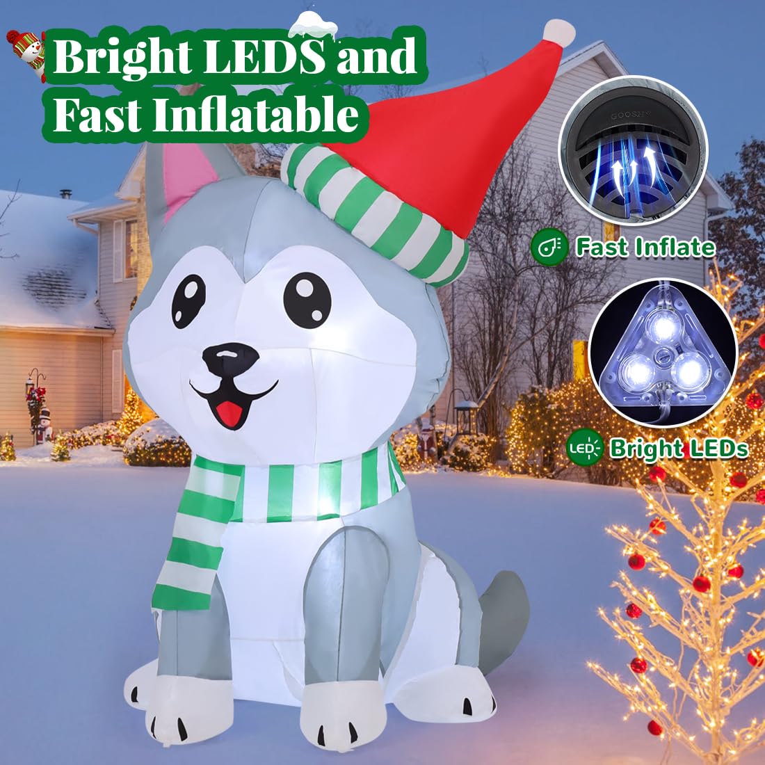 Foto 5 | Inflable Navideño Goosh Perro Husky 1.5 M Con Gorro De Papá Noel Y Led - Venta Internacional
