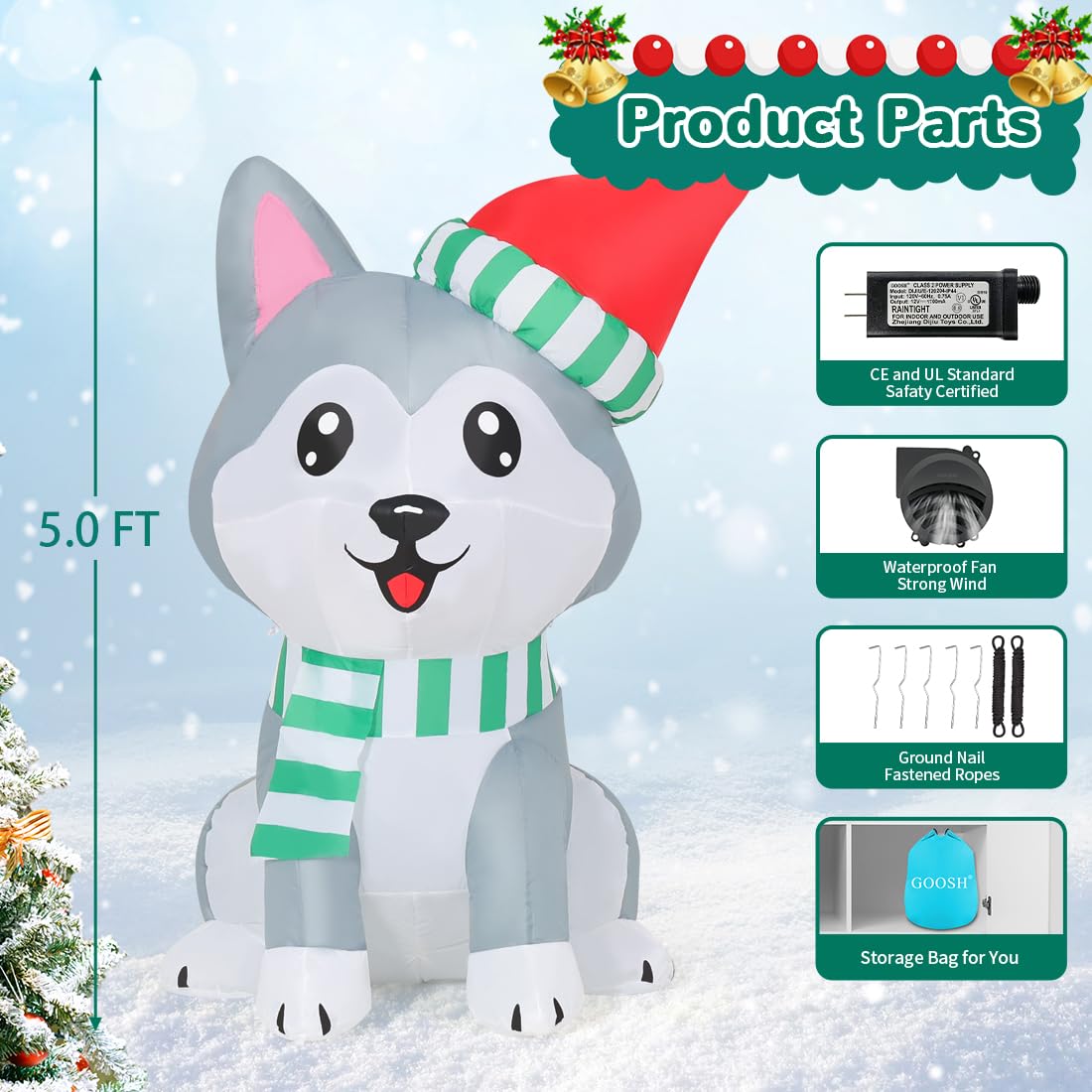 Foto 7 pulgar | Inflable Navideño Goosh Perro Husky 1.5 M Con Gorro De Papá Noel Y Led - Venta Internacional