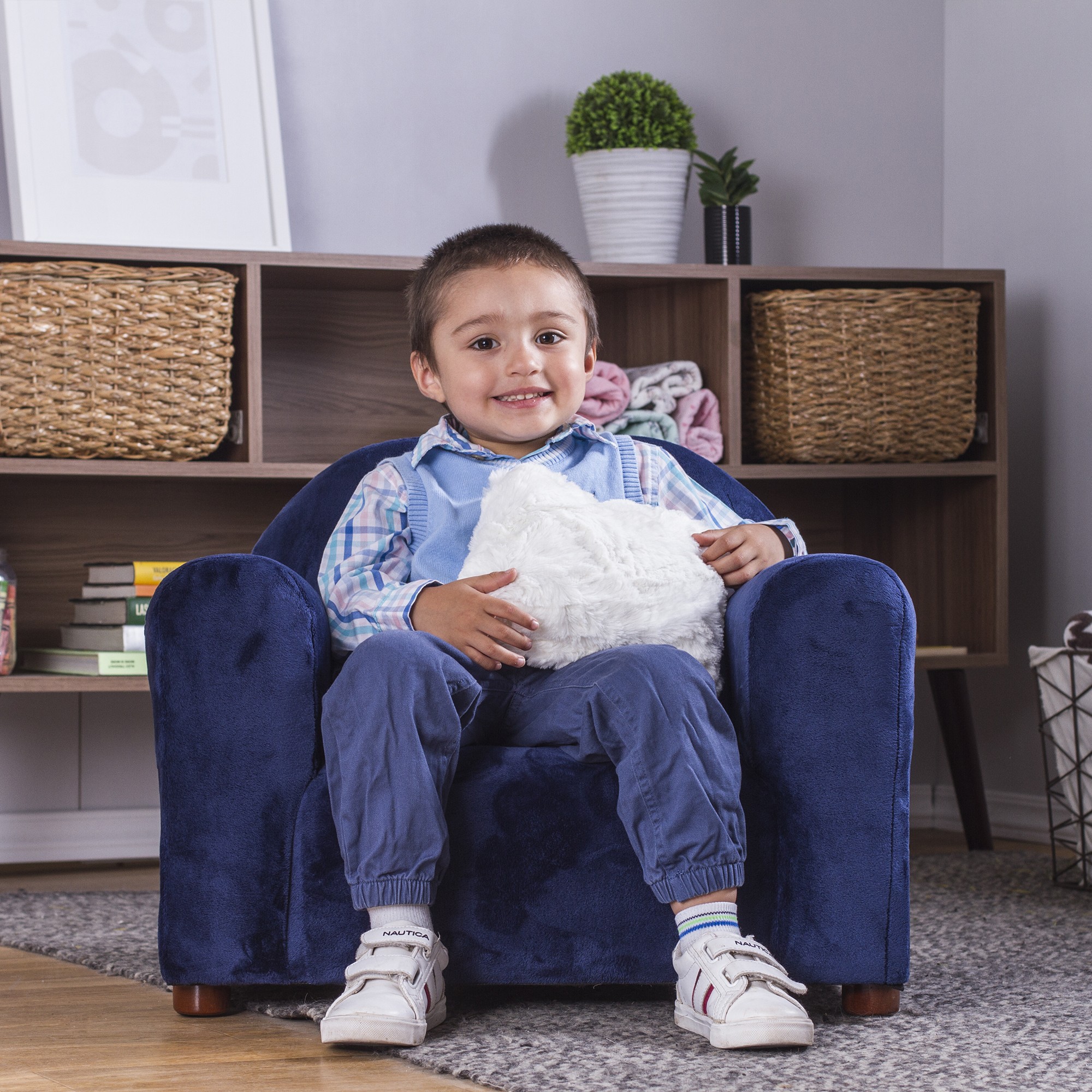 Foto 6 pulgar | Sofa Azul Infantil, Tapizado En Microsuede, Gratis 1 Almohada Khaki  De Peluche