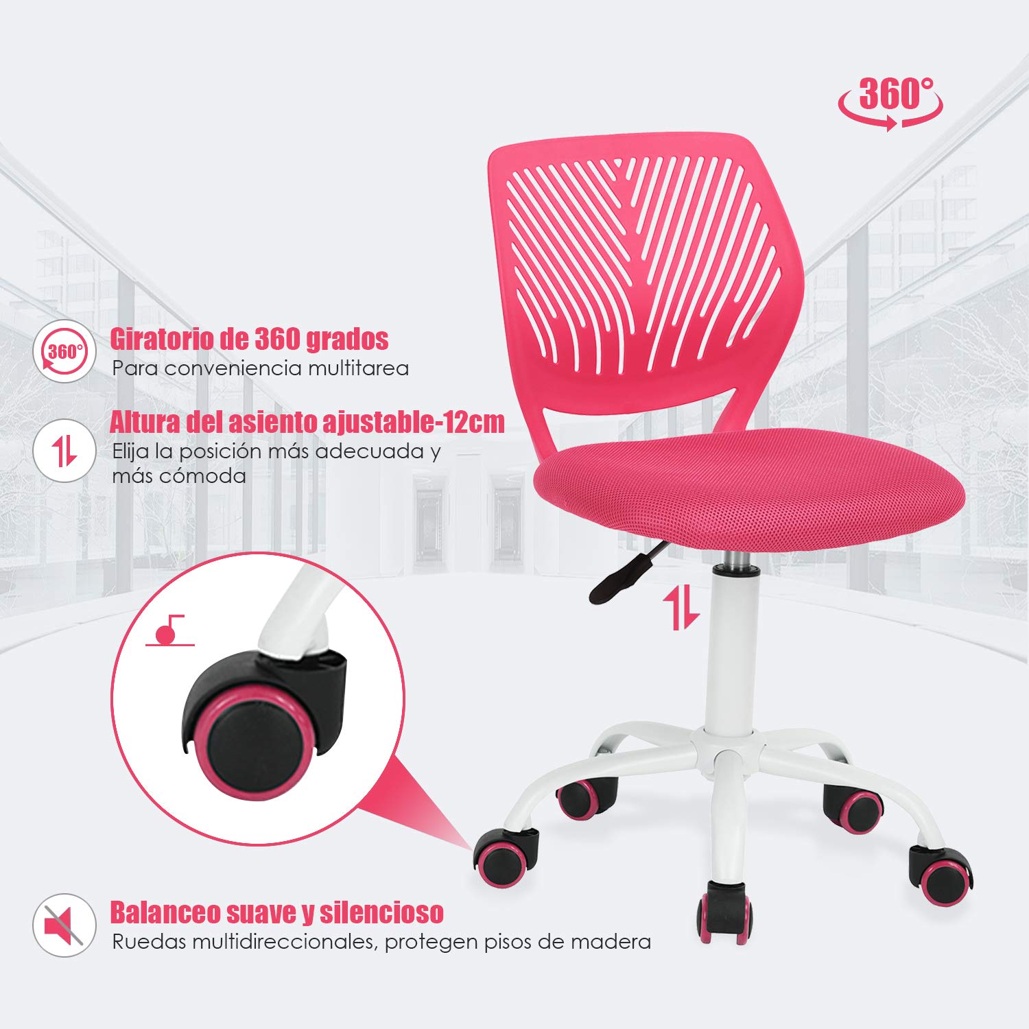 Foto 6 pulgar | Silla De Oficina Furniturer Carnation Rosa 40 X 50.5 X 75-87 Cm