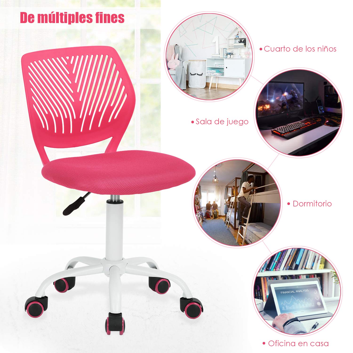Foto 8 pulgar | Silla De Oficina Furniturer Carnation Rosa 40 X 50.5 X 75-87 Cm