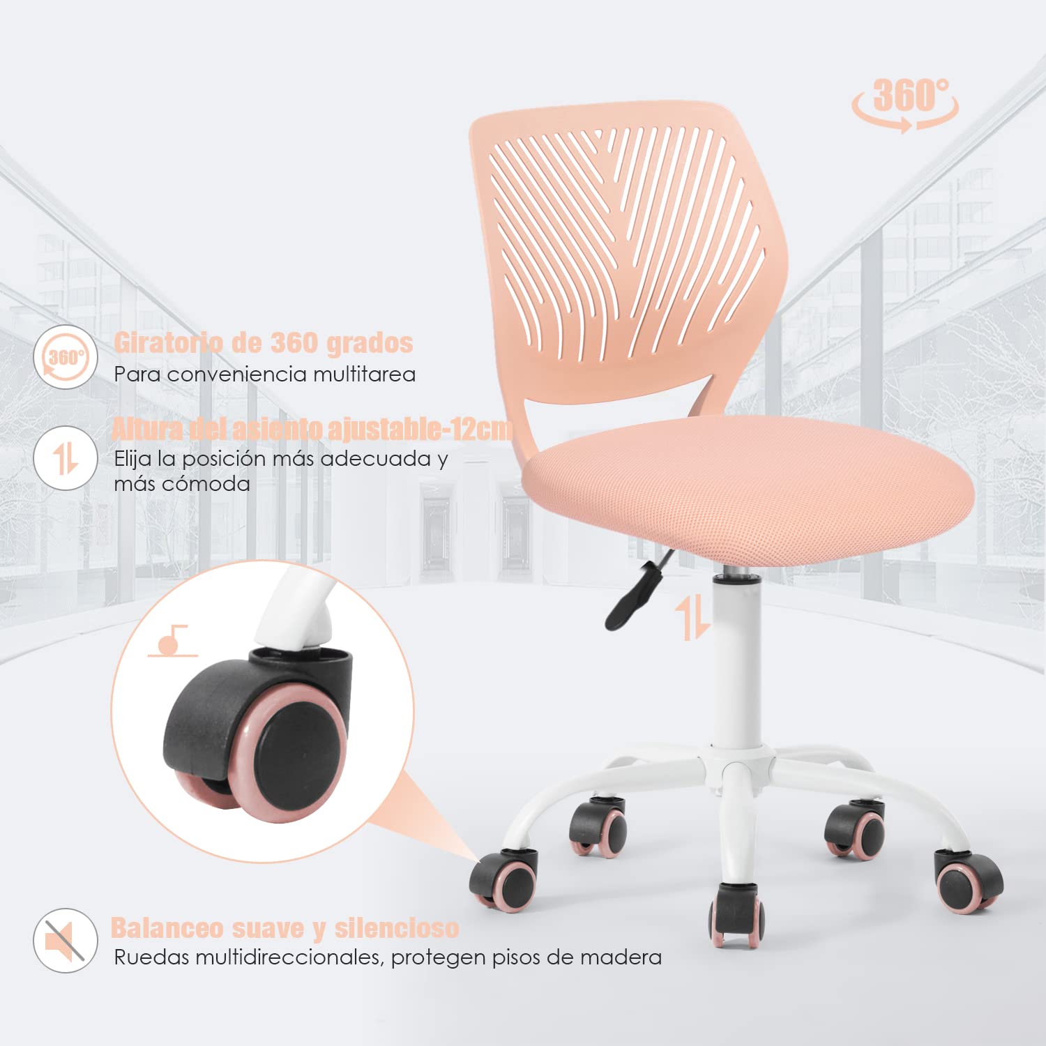 Foto 6 pulgar | Silla De Oficina Furniturer Carnation Rosa 40 X 45.5 X 75-87 Cm