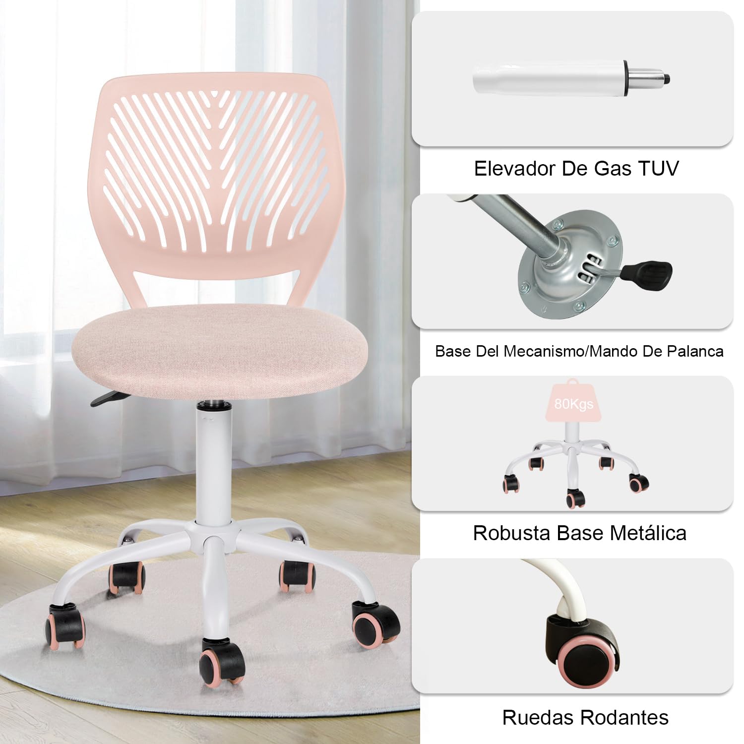 Foto 6 | Silla de Oficina Furniturer Carnation Rosa