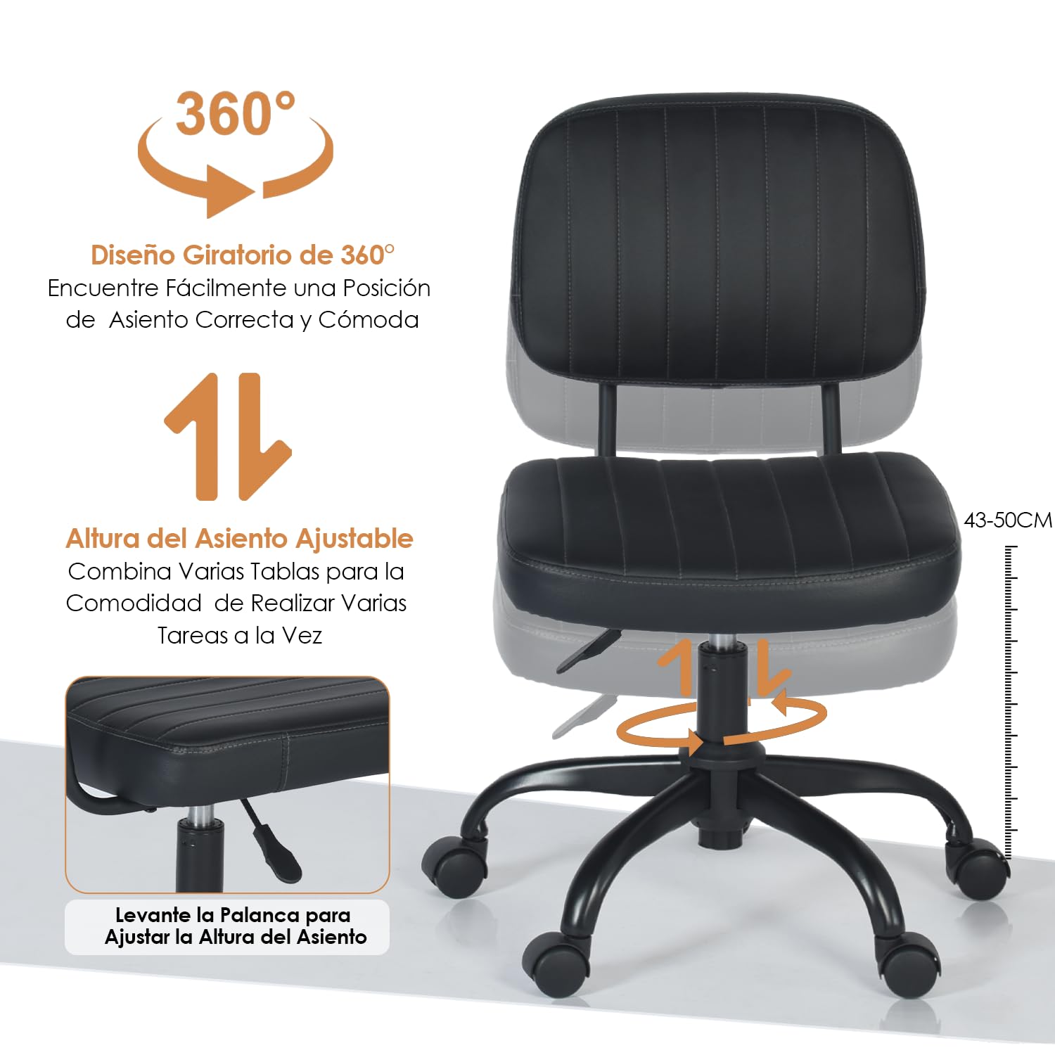 Foto 6 pulgar | Silla De Oficina Furniturer Drave Negro 44 X 52 X 75.5-82.5 Cm