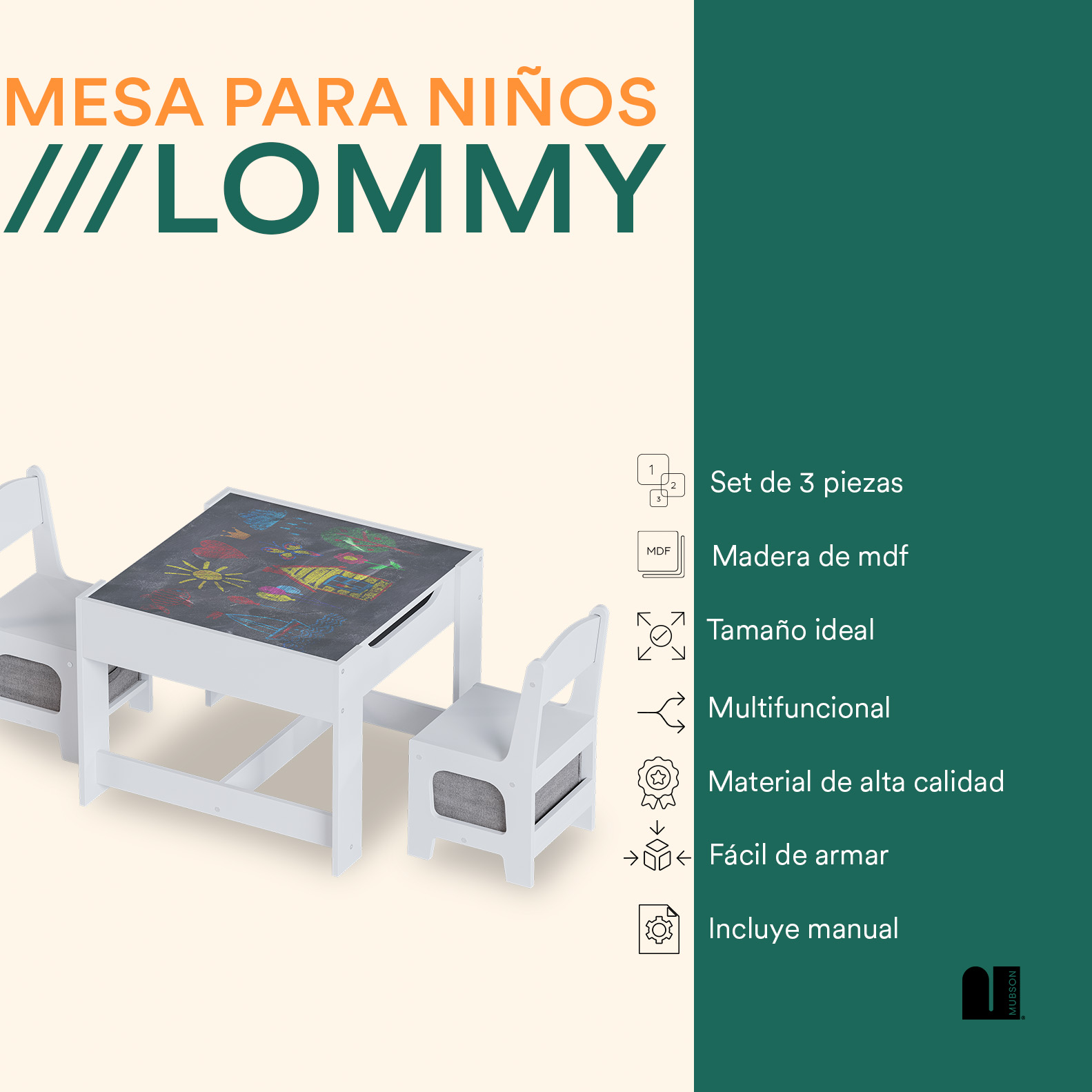 Foto 3 pulgar | Set De Mesa Y Sillas Mubson. Mesa Infantil Lommy