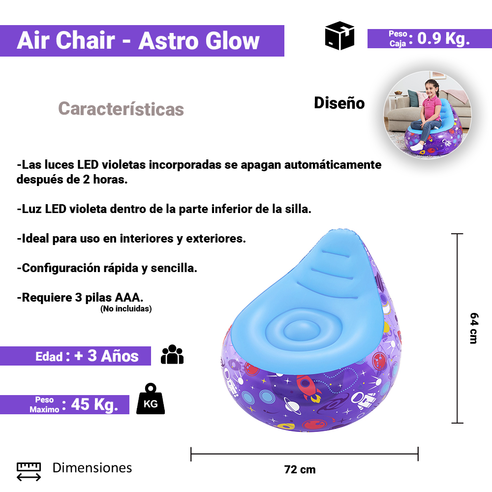 Foto 3 pulgar | Sillón Puff Inflable Infantil Bestway Púrpura Diseño Astro Led