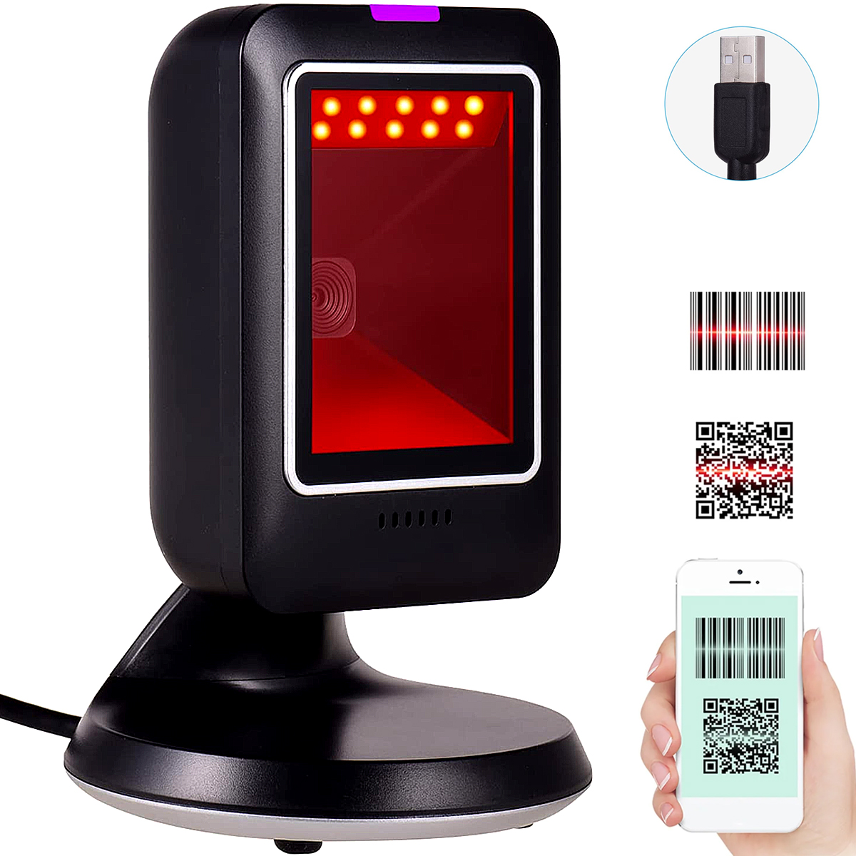 Lector de Código de Barras Omnidireccional Arcoshop OF-A1276-NE Negro 1D 2D QR con USB