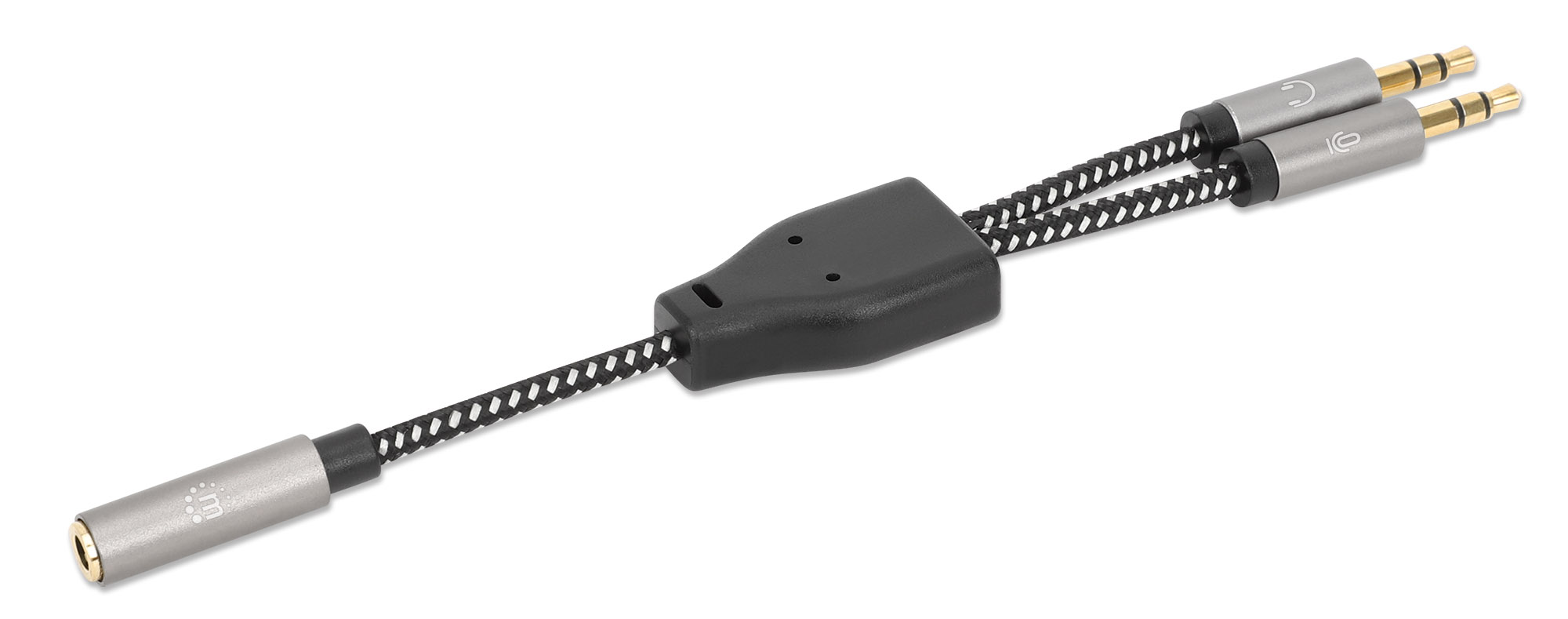 Adaptador Auxiliar Manhattan 356121, 3.5mm 2 A 1, 15cm, Aluminio Plateado
