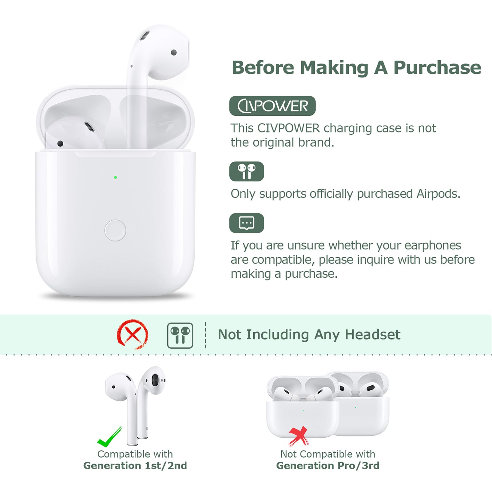 Foto 3 pulgar | Funda De Carga Inalámbrica Civpower Compatible Con Airpods 1 Y  - Venta Internacional.