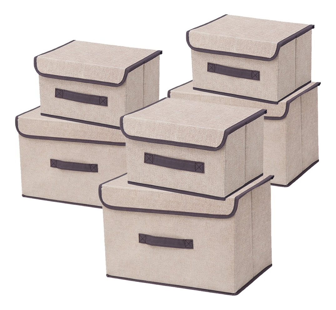 6 Unidades Cajas Organizadoras De Tela Plegables Con Tapas, Beige