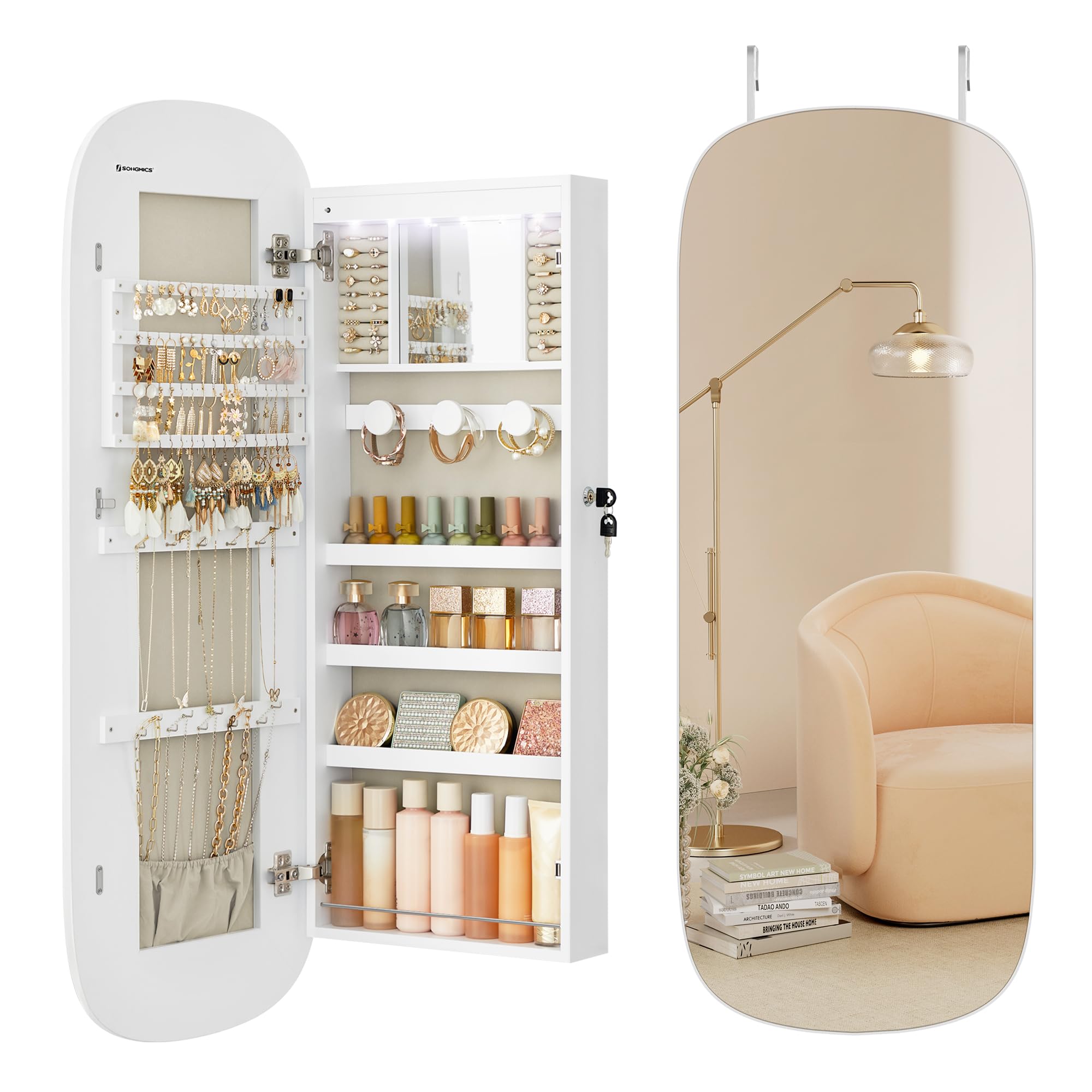 Foto 1 | Organizador De Joyas Songmics Led Montado En Pared/puerta Con Espejo - Venta Internacional.