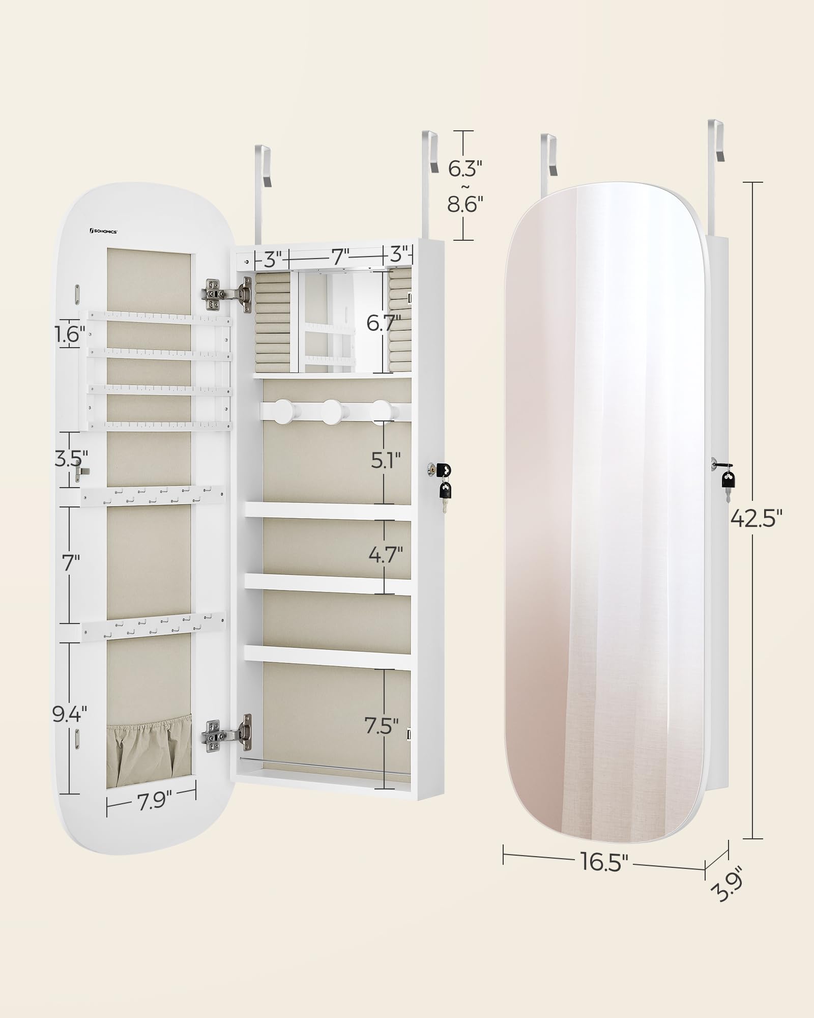 Foto 7 pulgar | Organizador De Joyas Songmics Led Montado En Pared/puerta Con Espejo - Venta Internacional.