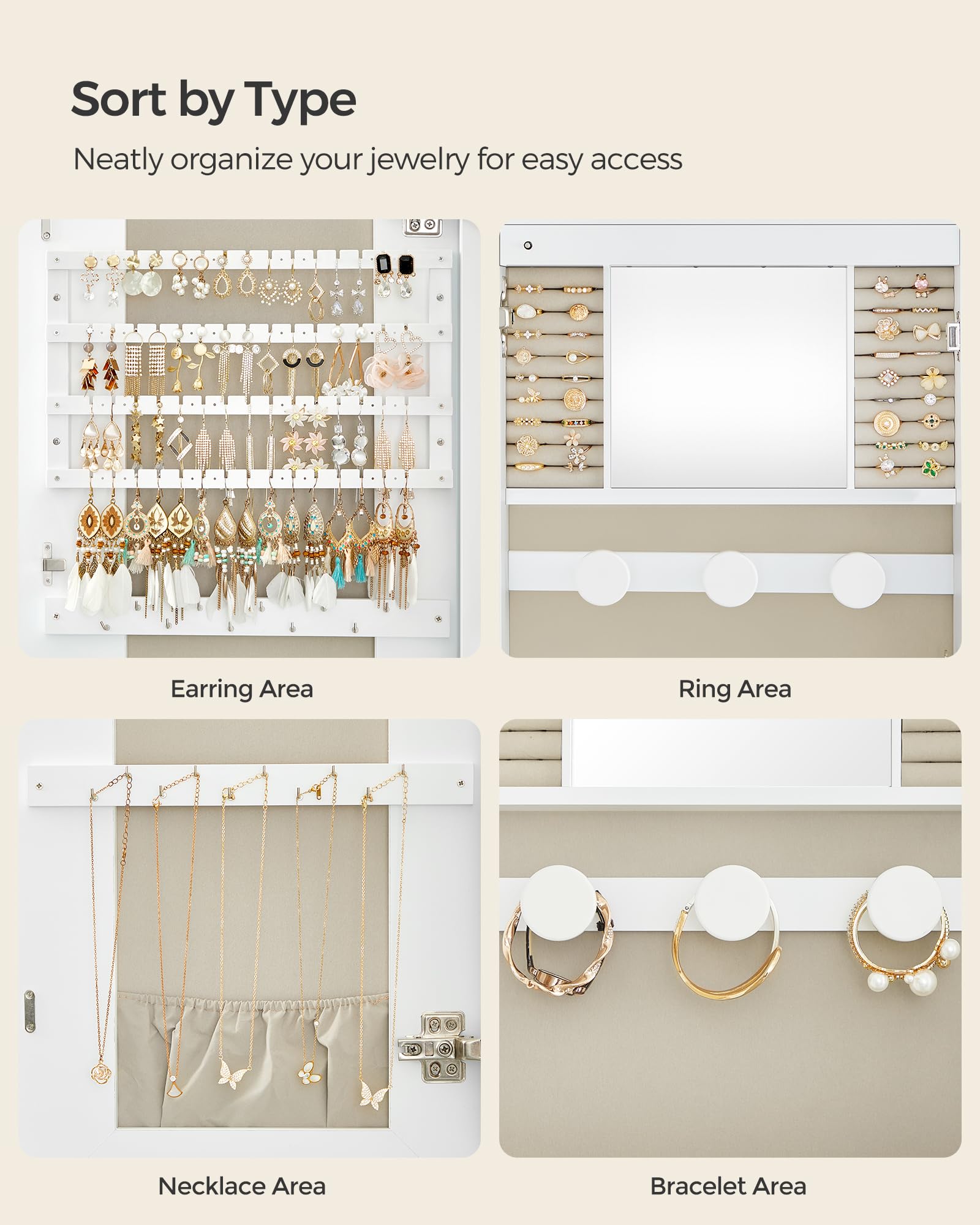 Foto 7 | Organizador De Joyas Songmics Led Montado En Pared/puerta Con Espejo - Venta Internacional.