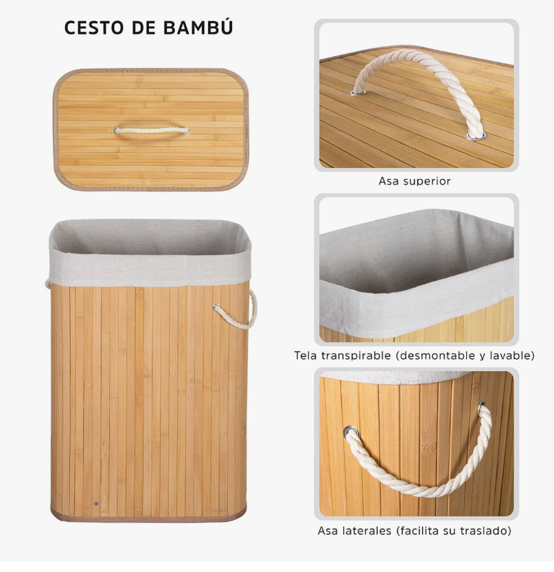 Foto 4 | Cesto Ropa Sucia Y Lavanderia Bambu Con Asas