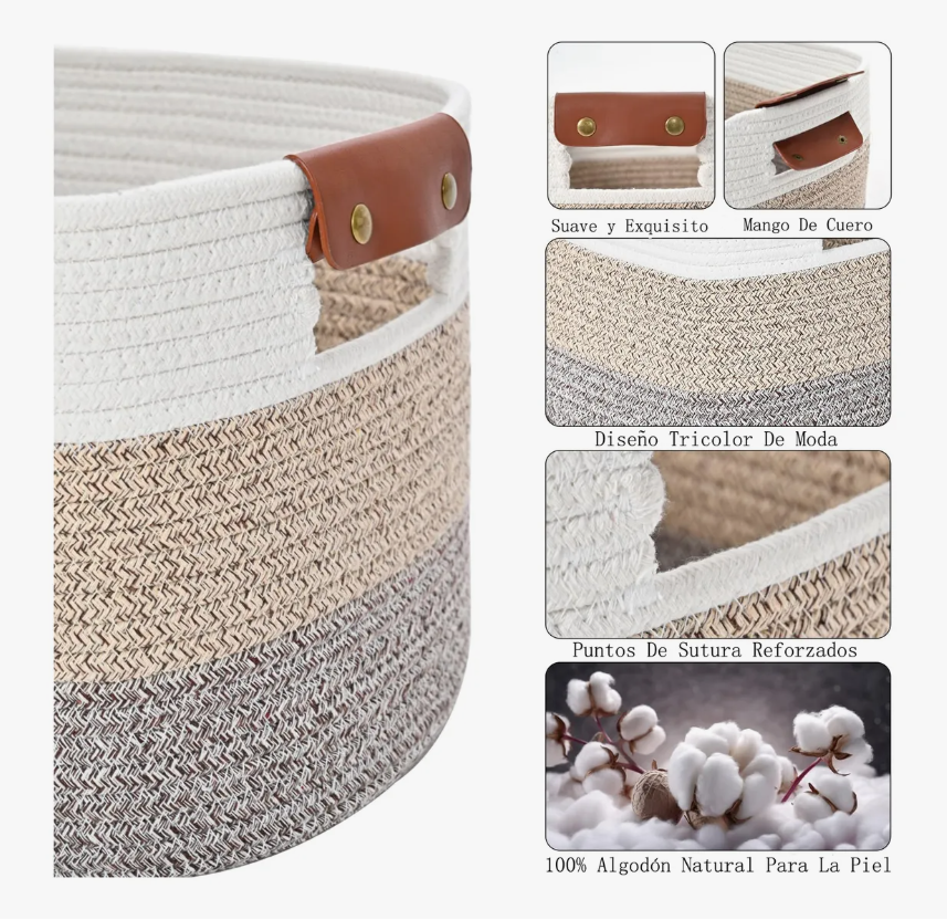 Foto 3 pulgar | Cesta de Almacenamiento Tejida Tucson Beige con Asas de Cuero
