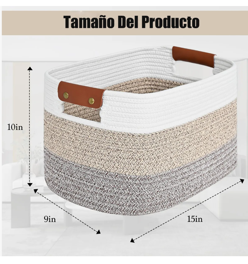Foto 6 pulgar | Cesta de Almacenamiento Tejida Tucson Beige con Asas de Cuero