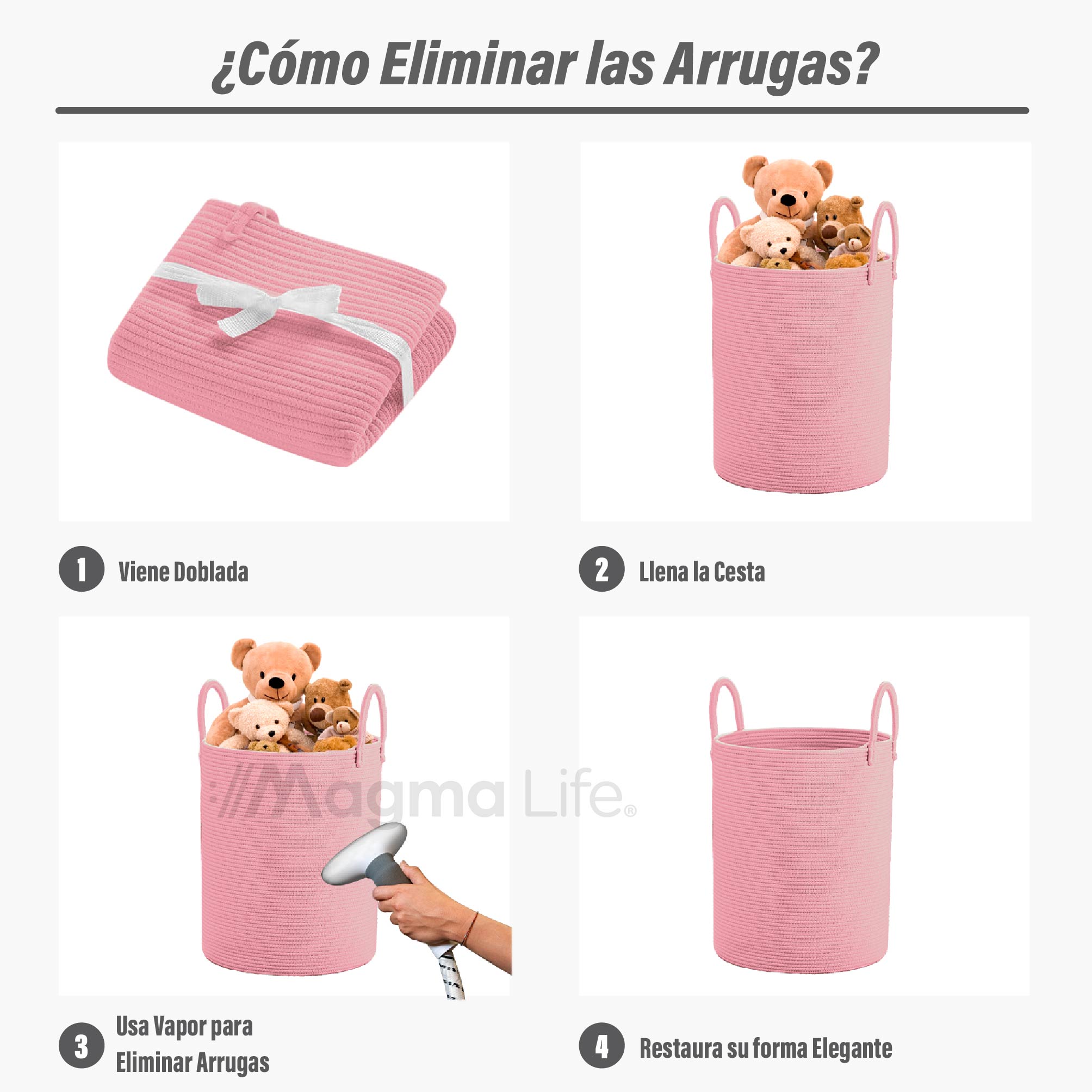 Foto 3 | Magma Life Cesta De Lavandería De Cuerda De Algodón, Plegable Y Duradera, Con Dos Asas Resistentes  (color Rosa Claro)